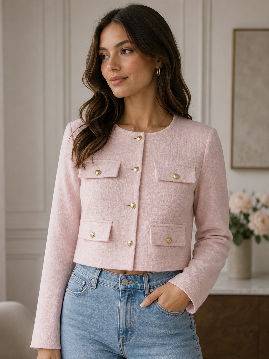 Kvinnors Croppad Cardigan med Knappfront