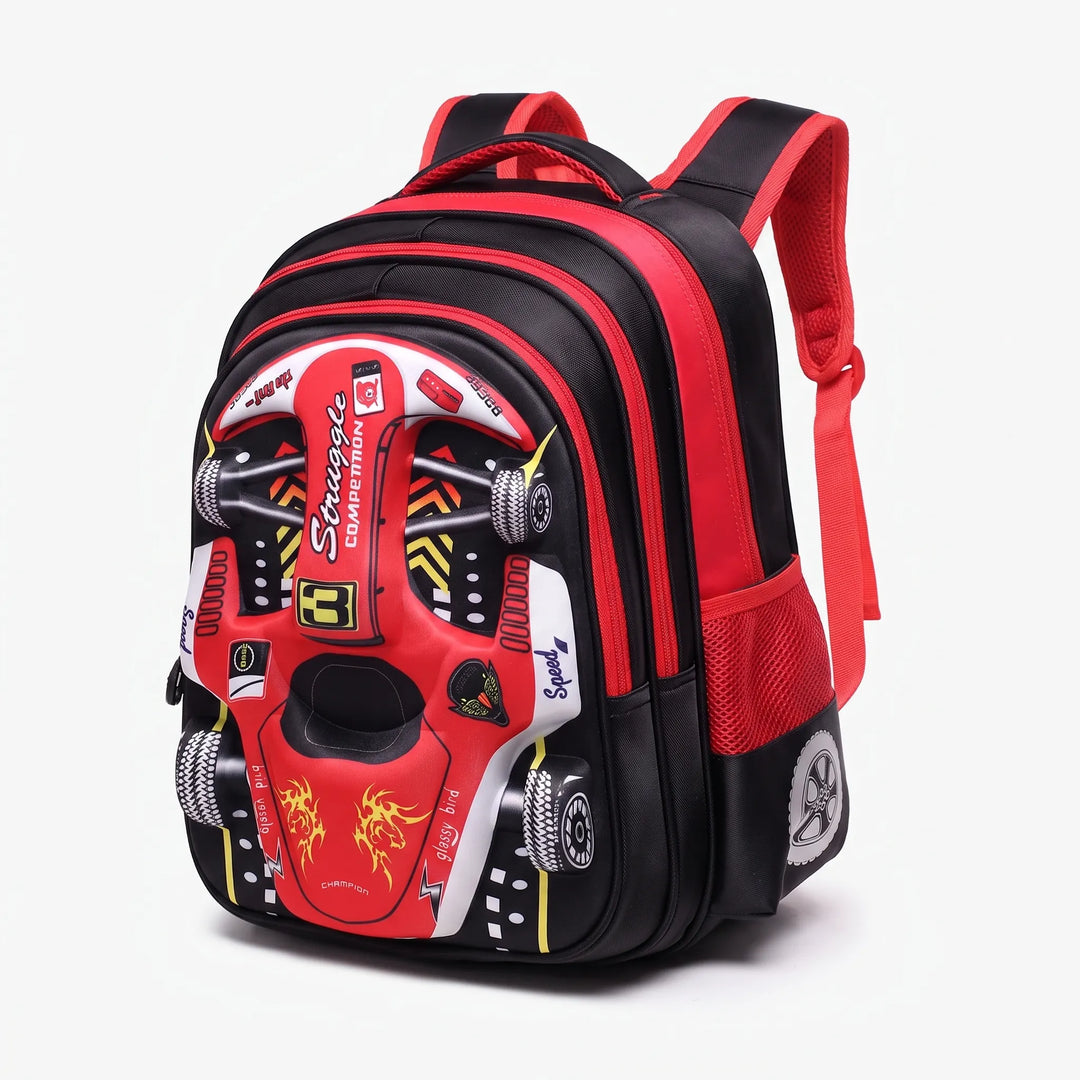 Ergonomisk skolryggsäck för junior, 3D-racerbilsdesign. Bekväma axelremmar, stor nog för skolan.