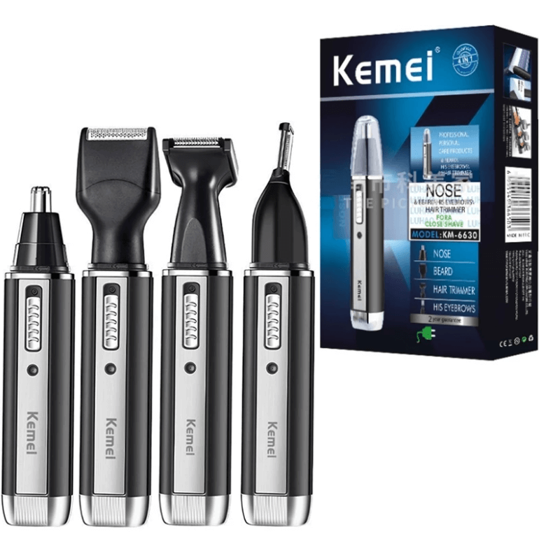 Komplett 4-i-1 elektrisk grooming-kit: skägg-, näshår-, öronhår- och ansiktshårstrimmer. Resevänlig.