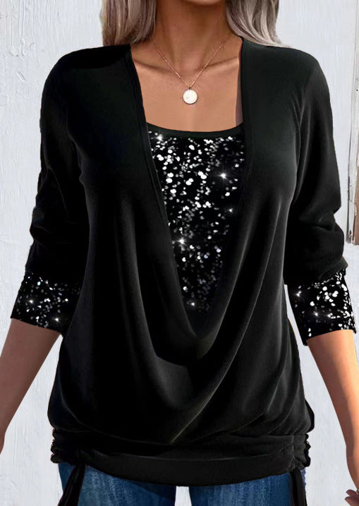 Damesblouse met gedrapeerde halslijn en glinsterende details