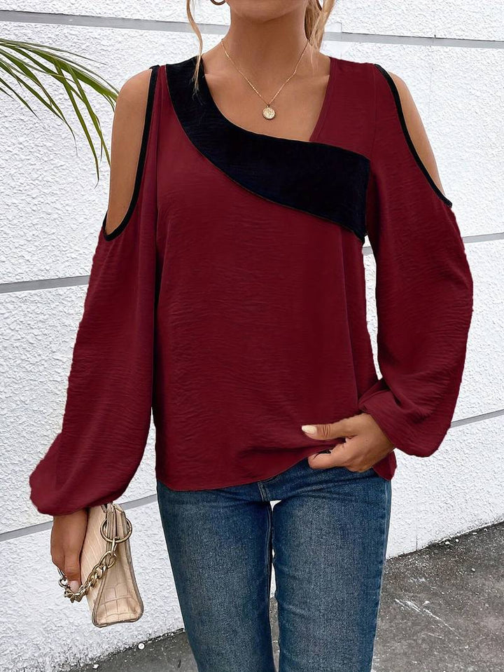 Fyrkantig hals långärmad blus. Modern damtopp med aprikos & burgund färgblock för en chic look.