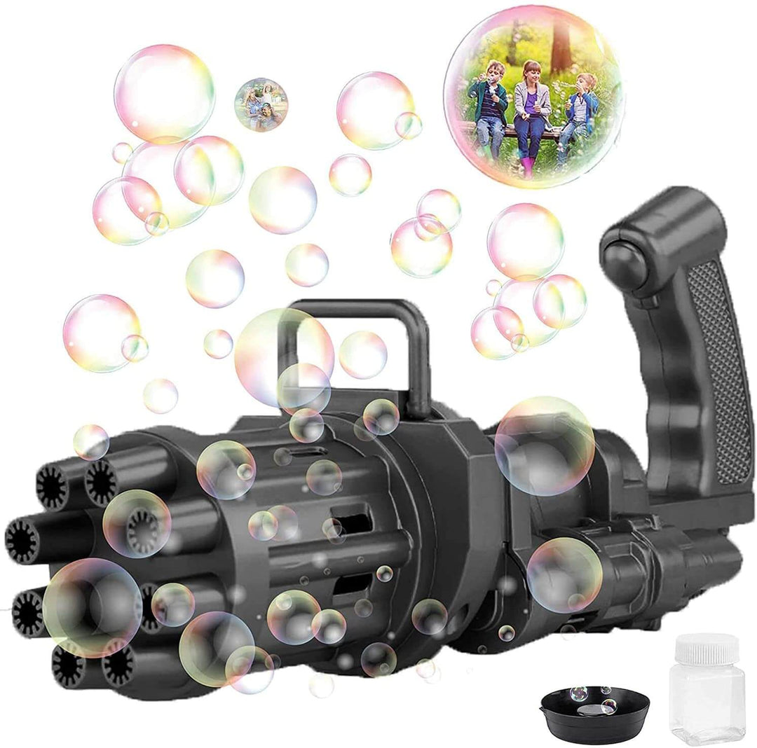 Automatisk bubbelpistol i Gatling design, blå, med bubblor för barnlek utomhus