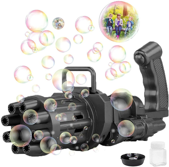 Automatisk bubbelpistol i Gatling design, blå, med bubblor för barnlek utomhus
