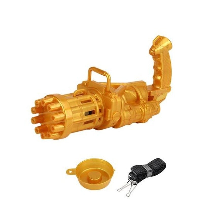 En grupp barn leker med bubbelpistoler i Gatling design utomhus, glada och bubbliga