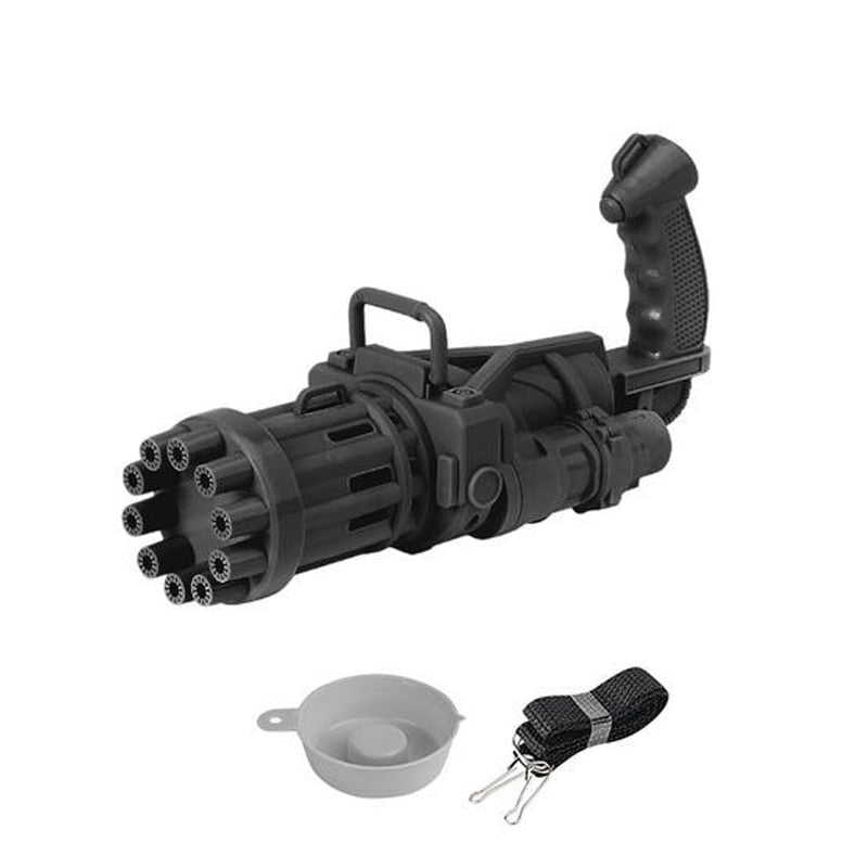 Förpackning som visar en automatisk bubbelpistol i Gatling stil, en spännande barnleksak