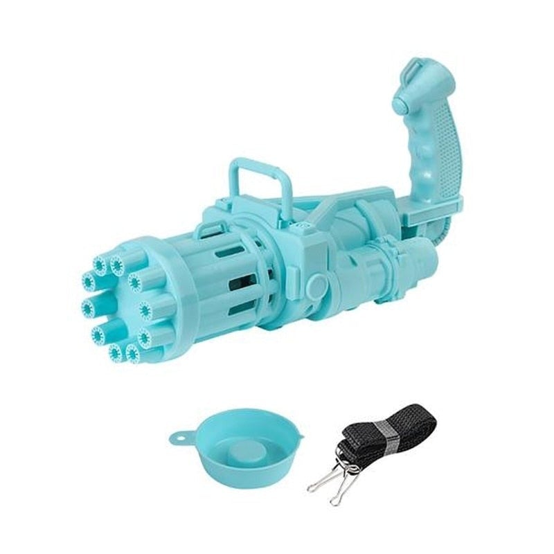 Automatisk bubbelpistol Gatling, med en bubbelflaska, klar för att skapa bubblor för barn