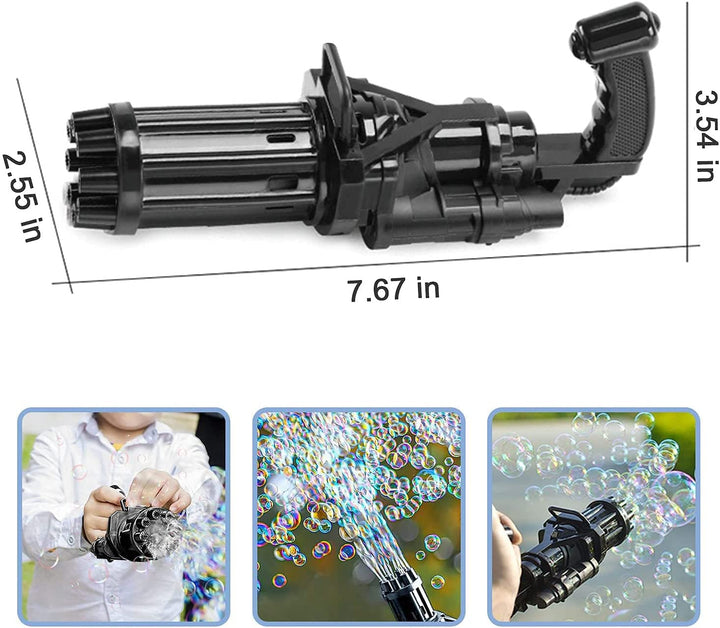 En barnhand håller stadigt en automatisk bubbelpistol i Gatling design, spännande leksak
