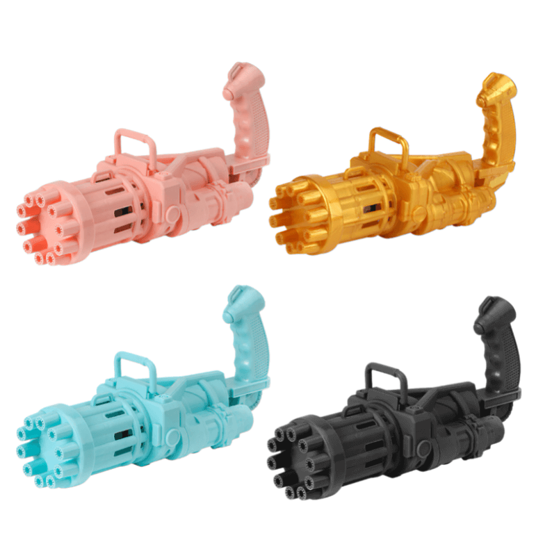 Utsikt från sidan av automatisk bubbelpistol med Gatling design, skapar bubblor i luften