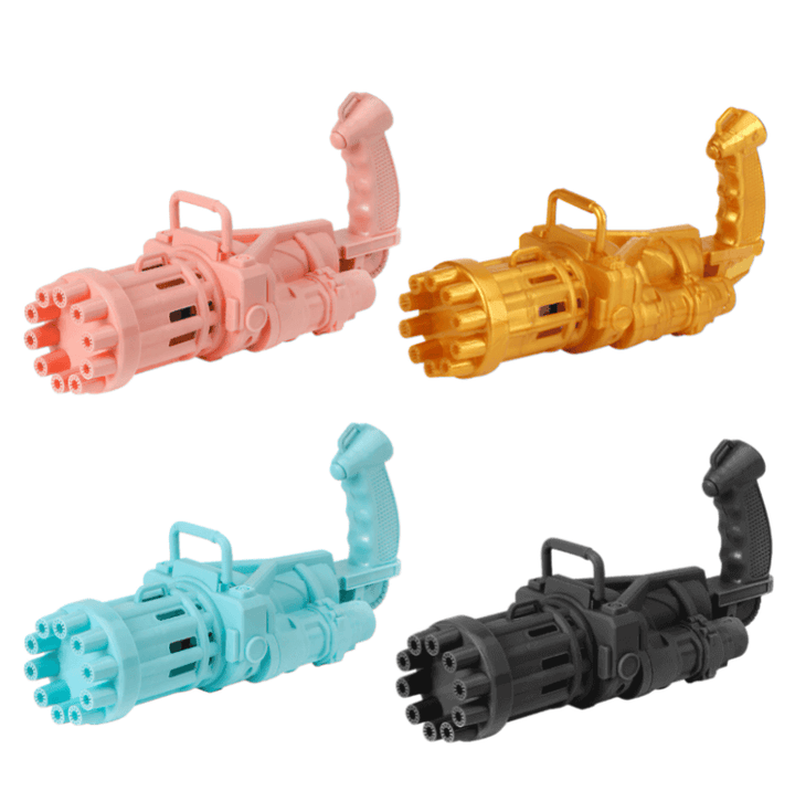 Utsikt från sidan av automatisk bubbelpistol med Gatling design, skapar bubblor i luften