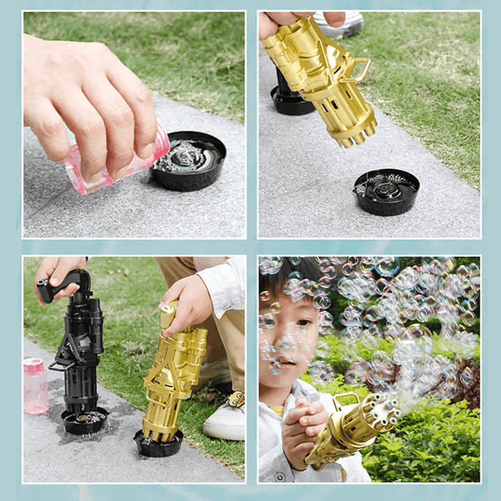 Detaljbild av avtryckaren och handtaget på en automatisk bubbelpistol med Gatling design