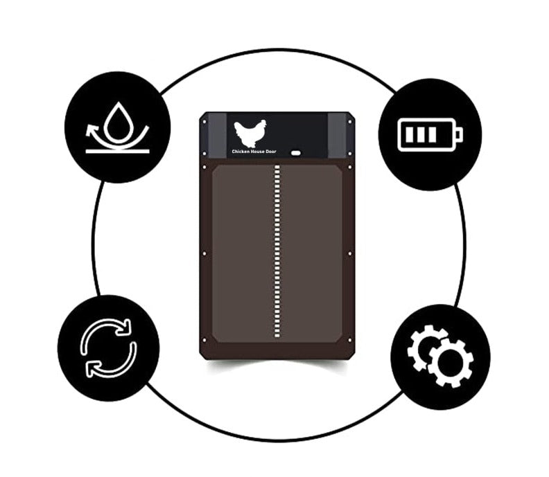 Automatisk dörr installerad i ett hönshus, skyddar kycklingar med timer och sensorfunktion.