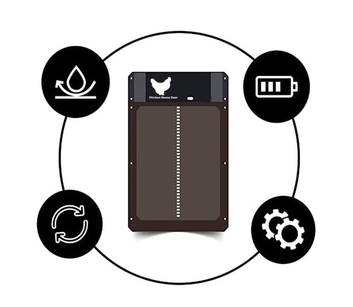 Automatisk dörr installerad i ett hönshus, skyddar kycklingar med timer och sensorfunktion.
