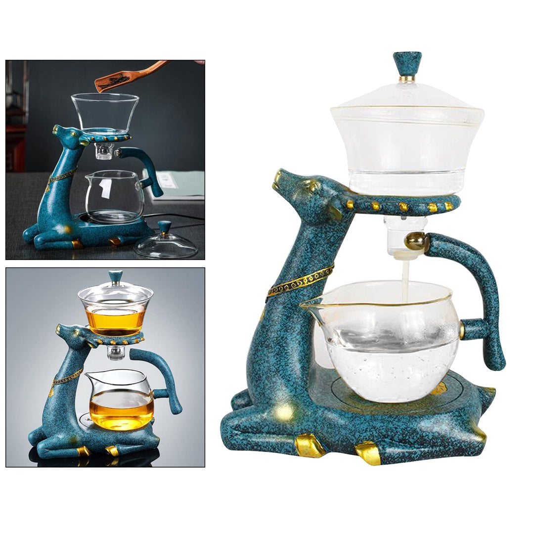 Högkvalitativ, värmebeständig glastekanna med unik automatisk infuser och rådjursillustration