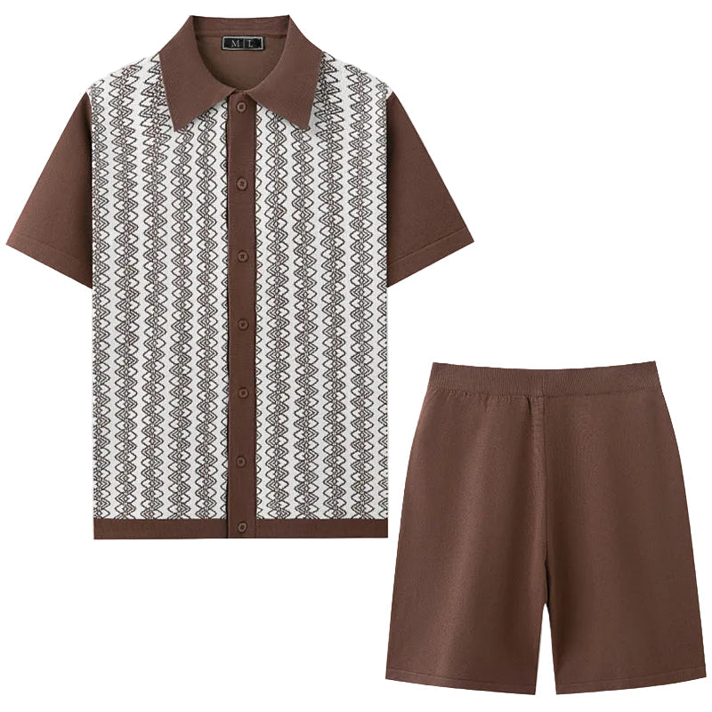 Avslappnat herrset med kortärmad skjorta och shorts, geometriskt mönster. Perfekt sommaroutfit för män.