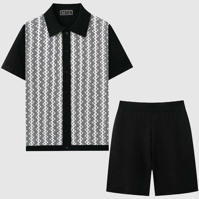 Stilrent herrset med geometriskt mönstrad kortärmad skjorta och matchande shorts. Bekväm sommarstil.