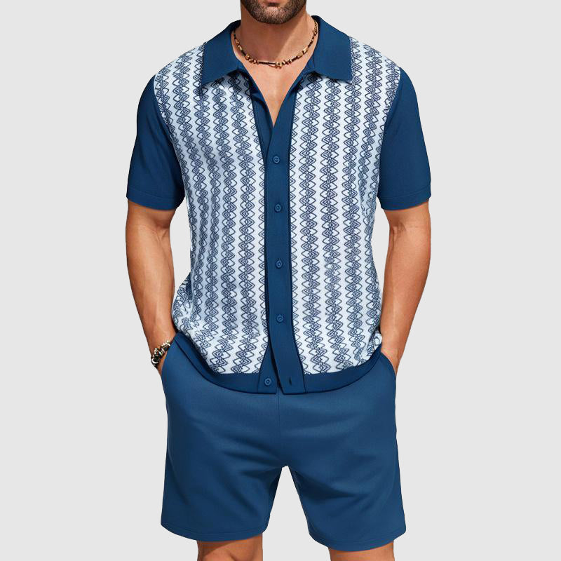 Modernt herrmode: avslappnat herrset med kortärmad skjorta och shorts, geometriskt mönster.