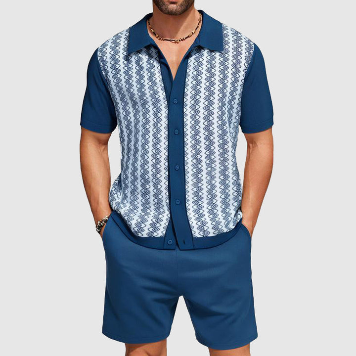 Modernt herrmode: avslappnat herrset med kortärmad skjorta och shorts, geometriskt mönster.