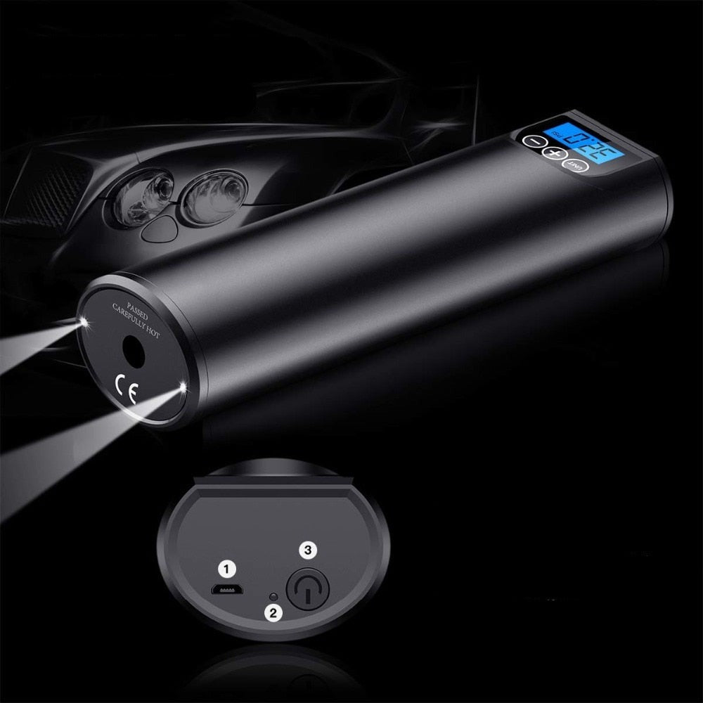 Digital bärbar bilpump med LED-ljus. 150 PSI elektrisk pump perfekt för däck och sportutrustning.