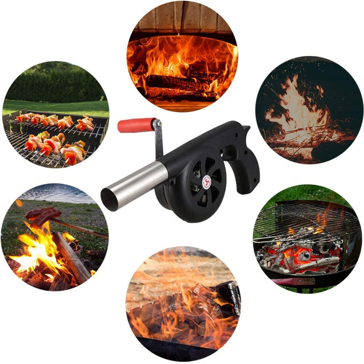 Liten bärbar handfläkt för utomhusmatlagning och grillning. Perfekt för camping & picknick för snabb glödstart.