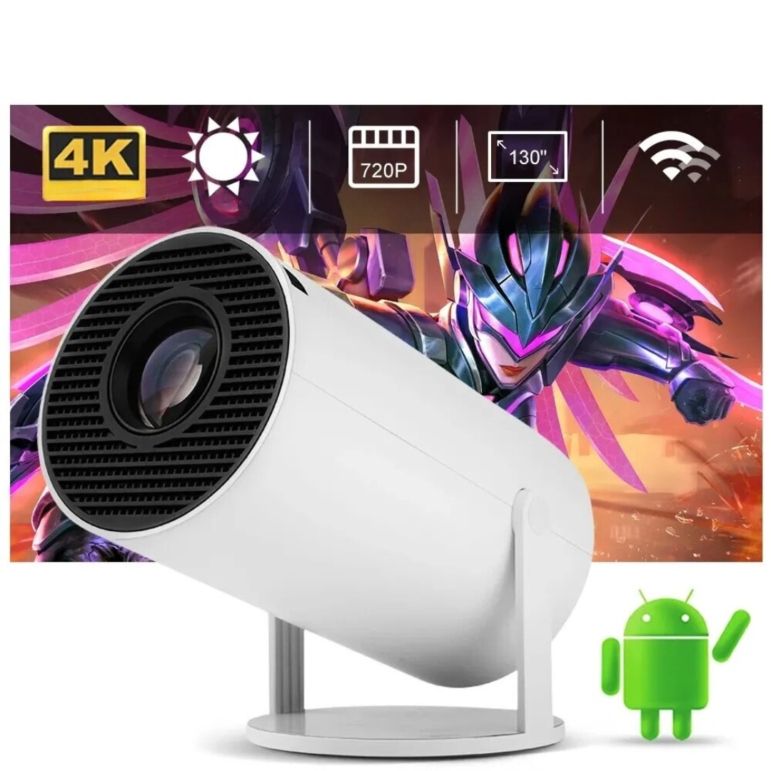 Modern HD-projektor med trådlös anslutning, perfekt för att visa filmer och presentationer.