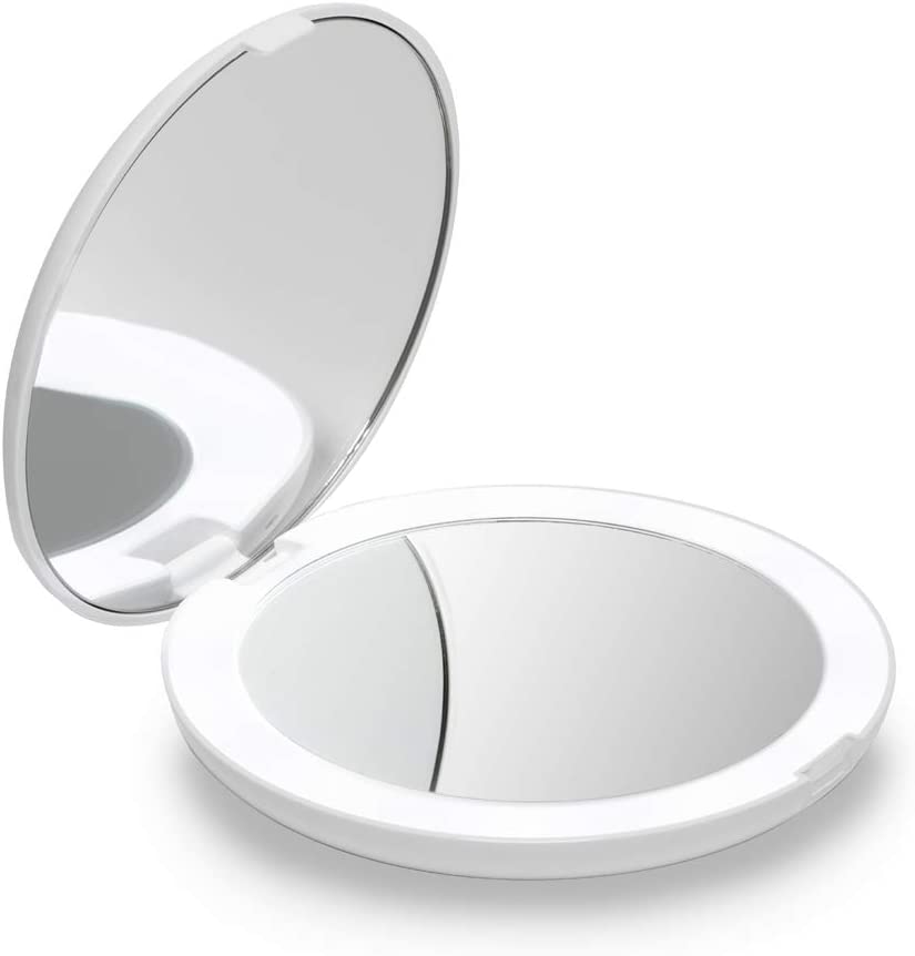 Upplyst bärbar sminkspegel med starkt LED-ljus och 10x förstoring för optimal synlighet.