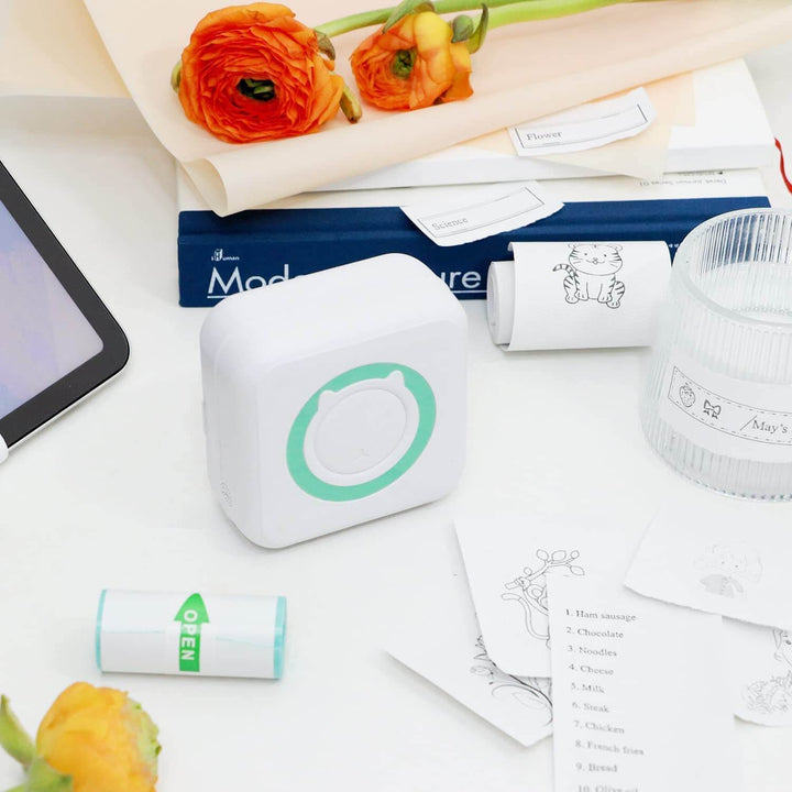 Bläckfri miniskrivare. Termisk utskrift av foton & etiketter via Bluetooth.