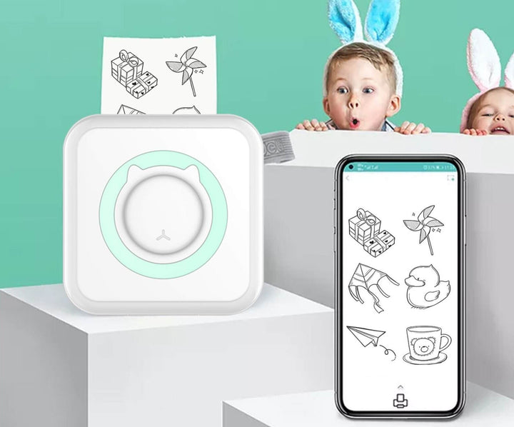 Resvänlig Bluetooth miniskrivare för foton och etiketter. Kompakt design, enkel att bära.