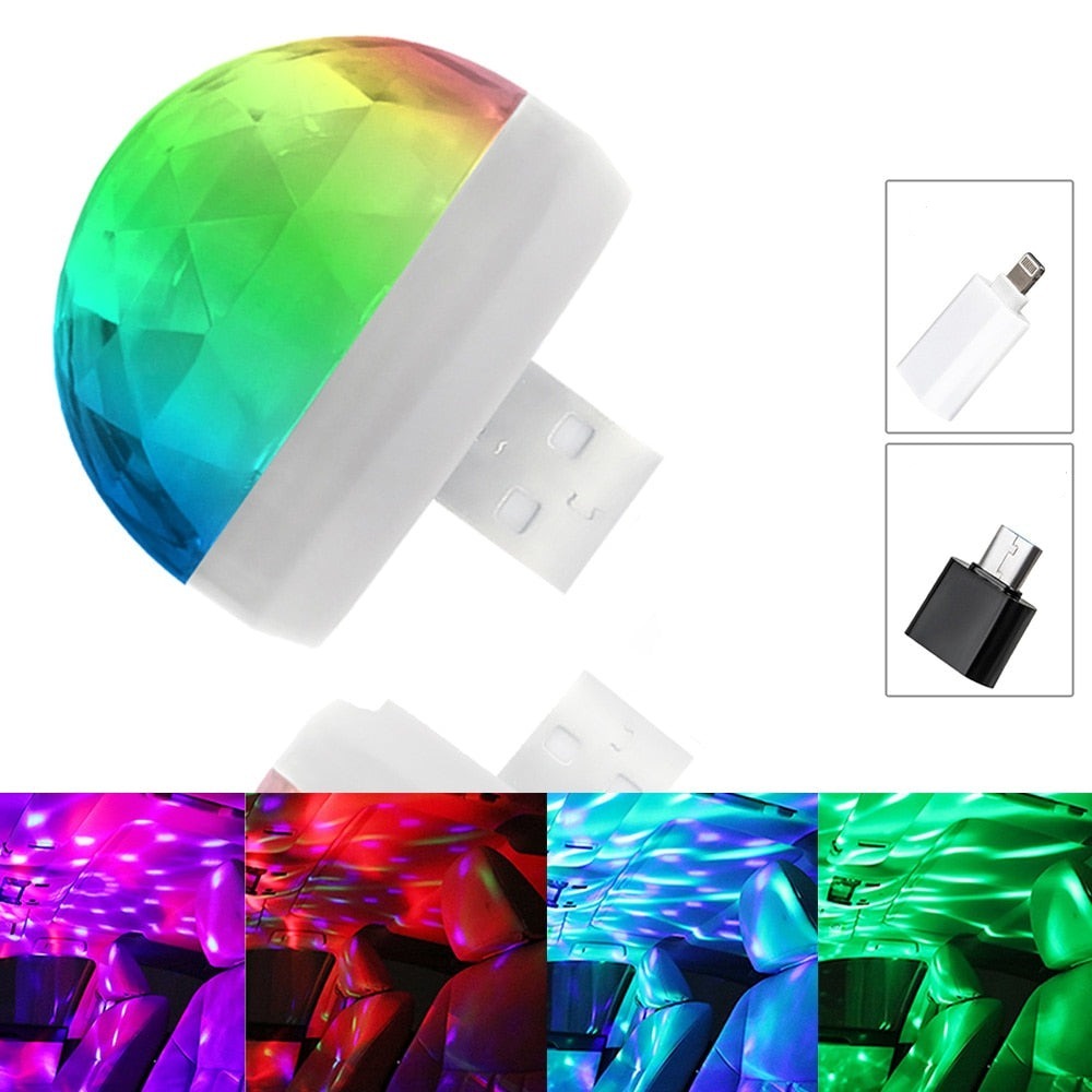 Bärbar USB-diskolampa med färgglada RGB-ljus, perfekt för att enkelt skapa feststämning var som helst.