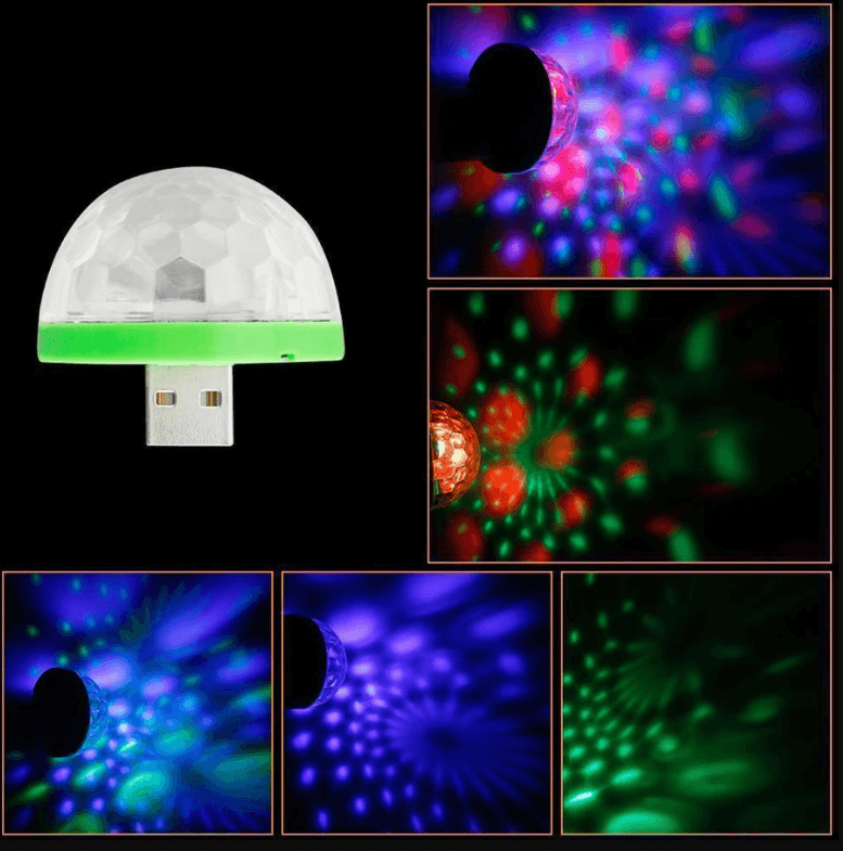 Mini-diskolampa med USB-anslutning, skapar stämningsfulla RGB-ljus för hemmafester och barnkalas.