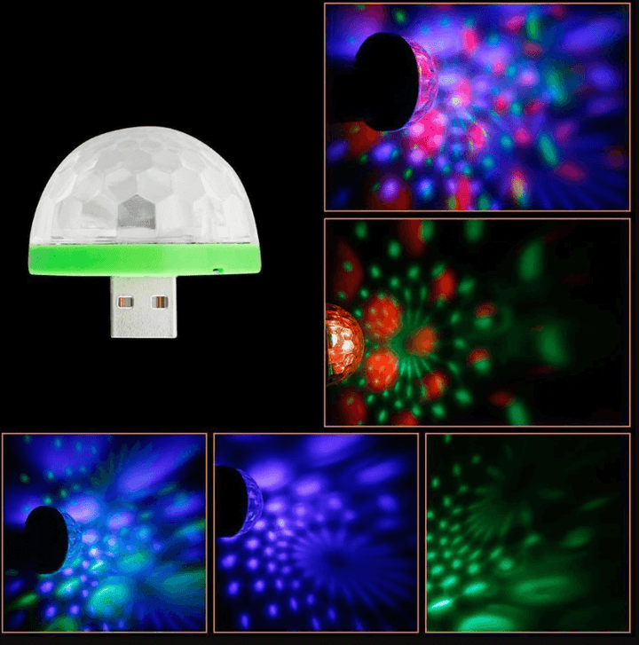 Mini-diskolampa med USB-anslutning, skapar stämningsfulla RGB-ljus för hemmafester och barnkalas.