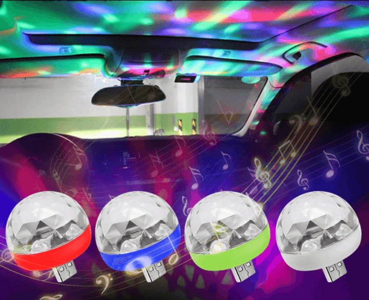 Smidig USB-driven festlampa för bilresor, camping eller hemmet. Musikaktiverade RGB-ljus för stämning.