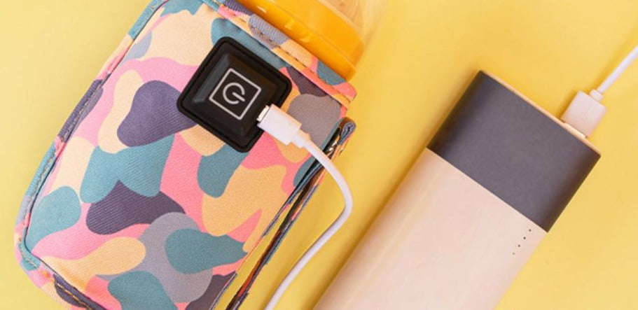 Bärbar USB-värmare för babyflaskor i kamouflagemönster, säker och effektiv för babymat.