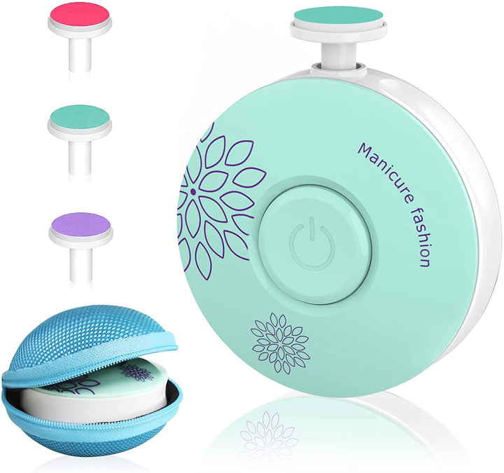 Förpackning med babytillbehör: elektrisk nageltrimmer, designad för spädbarn och föräldrars bekvämlighet.