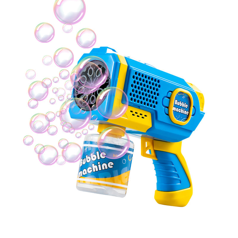 Barn ler och leker med en automatisk bubbelmaskin som skapar mängder av bubblor, perfekt för utomhuslek.