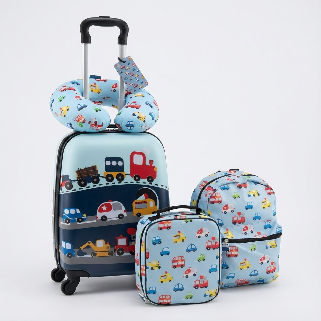Färgglatt barnbagage med ugglemotiv: rullväska, ryggsäck, lunchväska & nackkudde. Perfekt reseset.