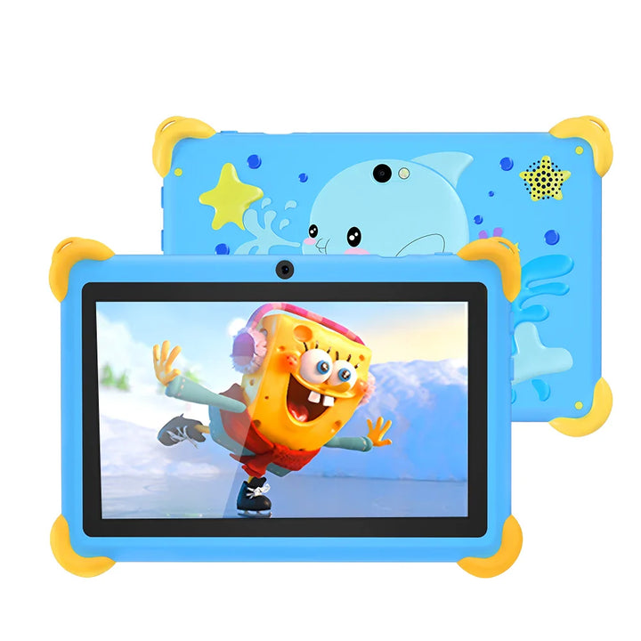 Glad barn använder 7-tums barnsurfplatta med Android 12. Engagerande lärande & underhållning.