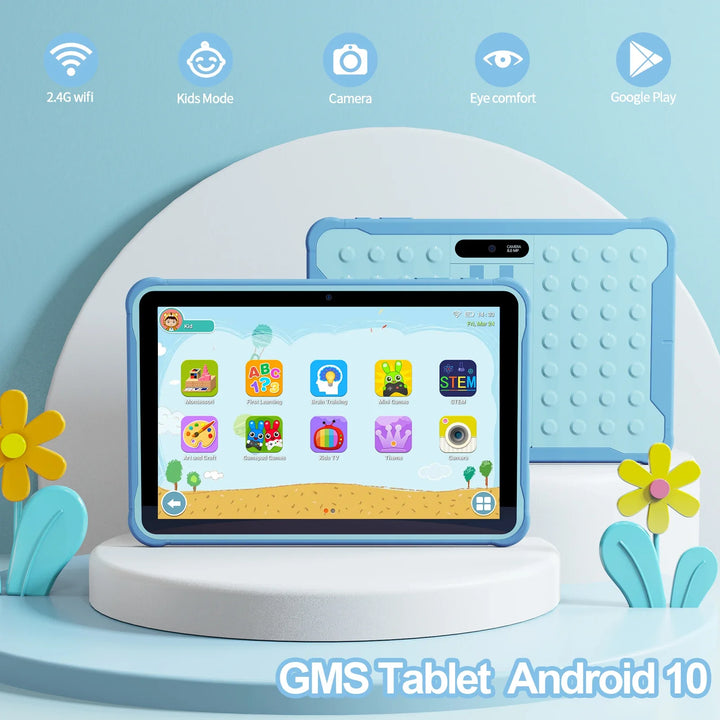 10-tums barnsurfplatta för lärande och spel. Android 13, 64GB lagring, Quad Core processor.