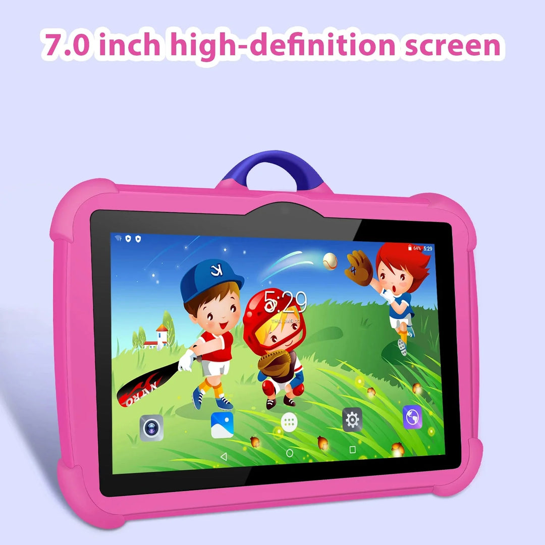 Färgglad 7-tums surfplatta för barn med Android. Perfekt för spel, lärande och underhållning.