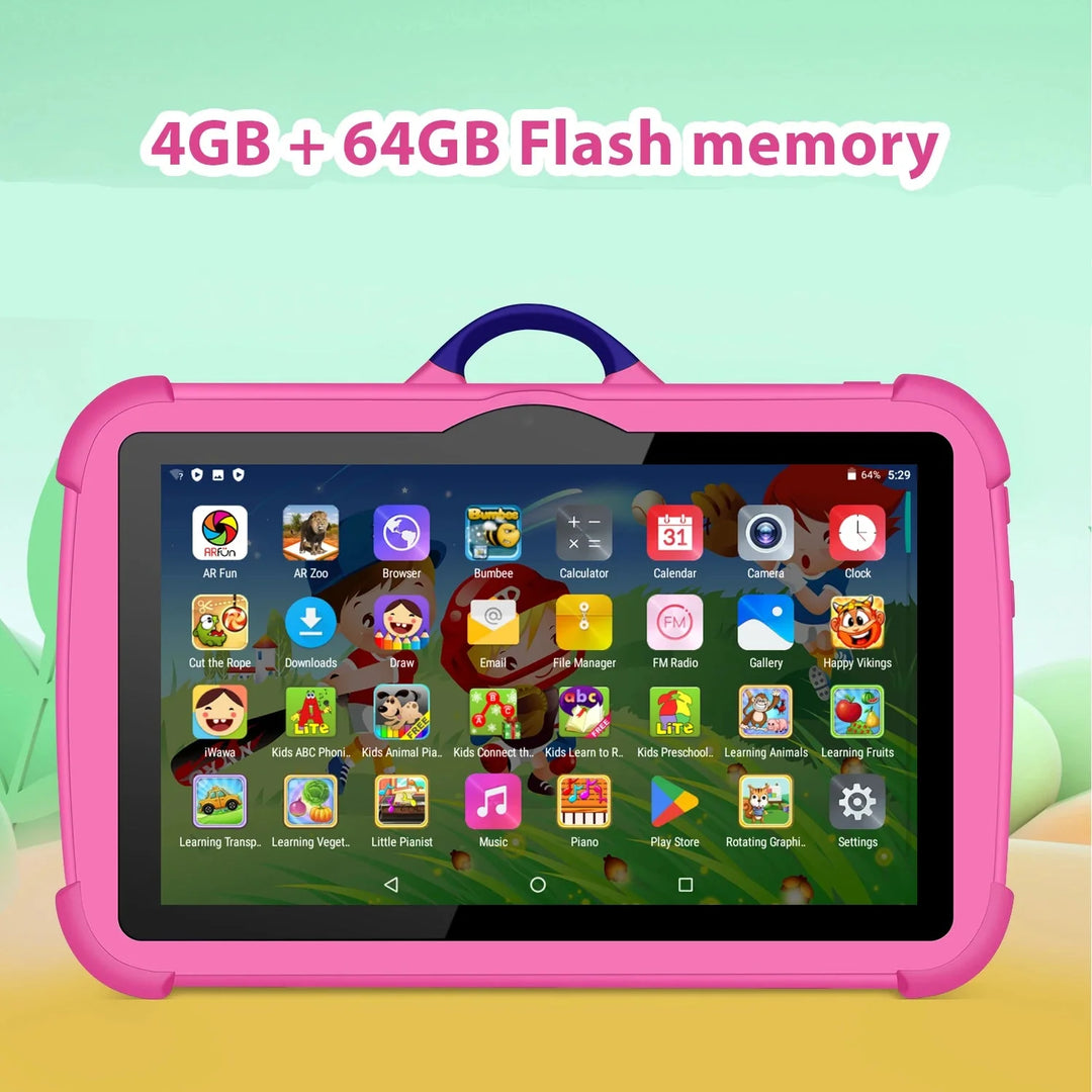 Snabb Quad Core barnsurfplatta med 4GB RAM, 64GB ROM. Robust design för barns lek och lärande.