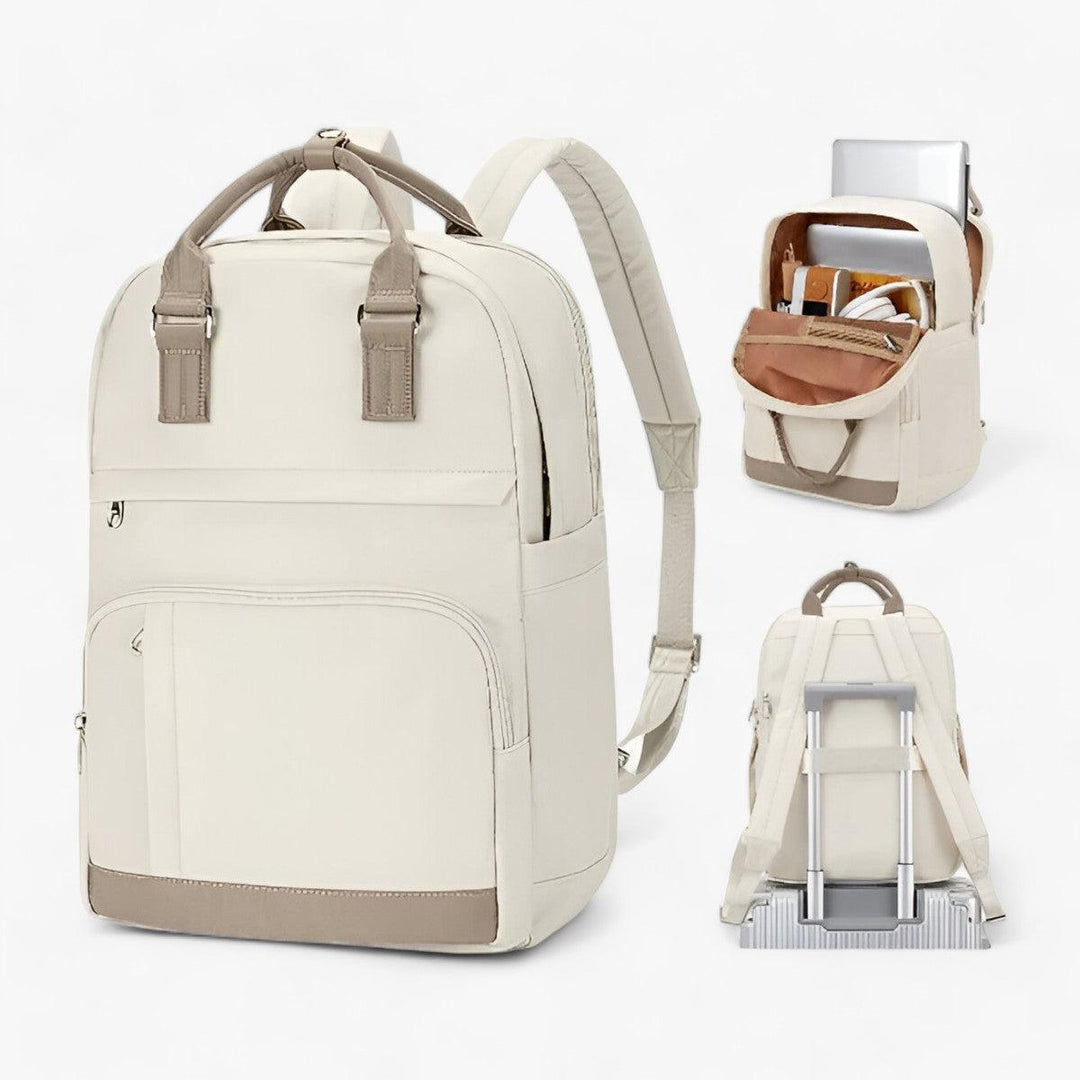 Stilren beige unisex ryggsäck i urban stil, vattentät och mångsidig. Perfekt för jobb, skola eller resor.