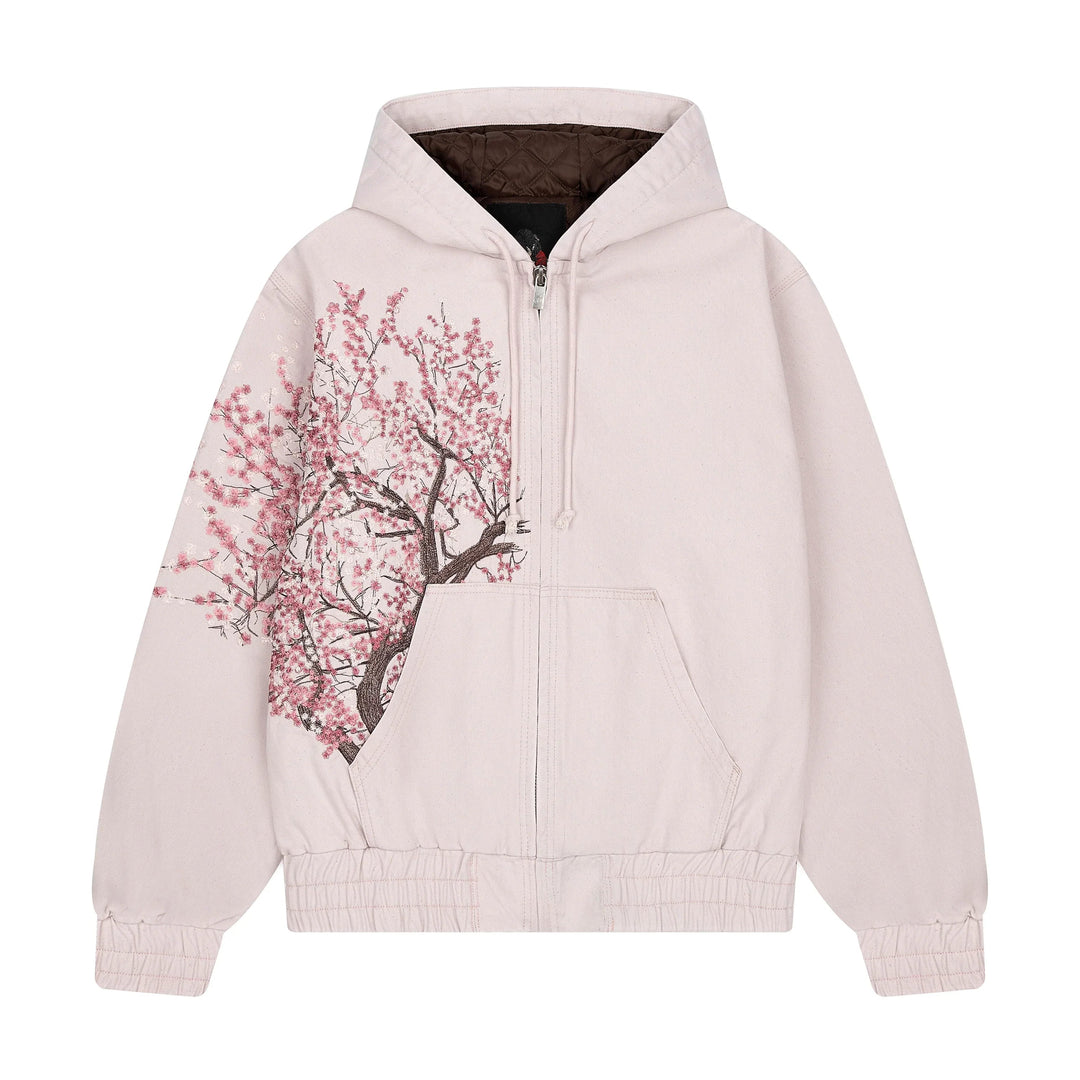 Bekväm dam hoodie med elegant körsbärsblomstryck. Stilren streetwear tröja för kvinnors mode.