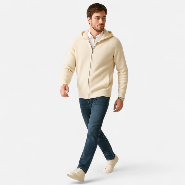 Mångsidig herr hoodie med dragkedja, perfekt för modern vardagsstil och höstmode.