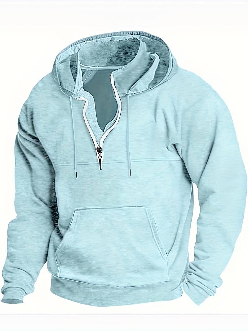 Frontvy av en modern herrhoodie i avslappnad passform, perfekt för komfort och streetstyle.