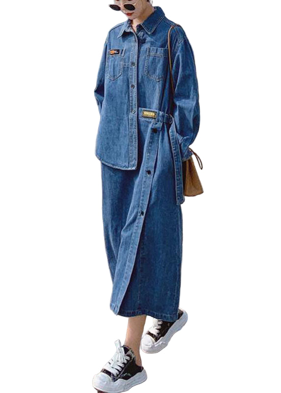 Blå asymmetrisk långklänning för dam med långa ärmar & fickor, perfekt för bekväm & elegant vardagsstil.