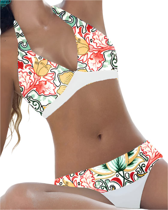 Blommönstrad & prickig bikini för dam, perfekt för stranddagar och sommarsemester. Bekväm justerbar badmode.