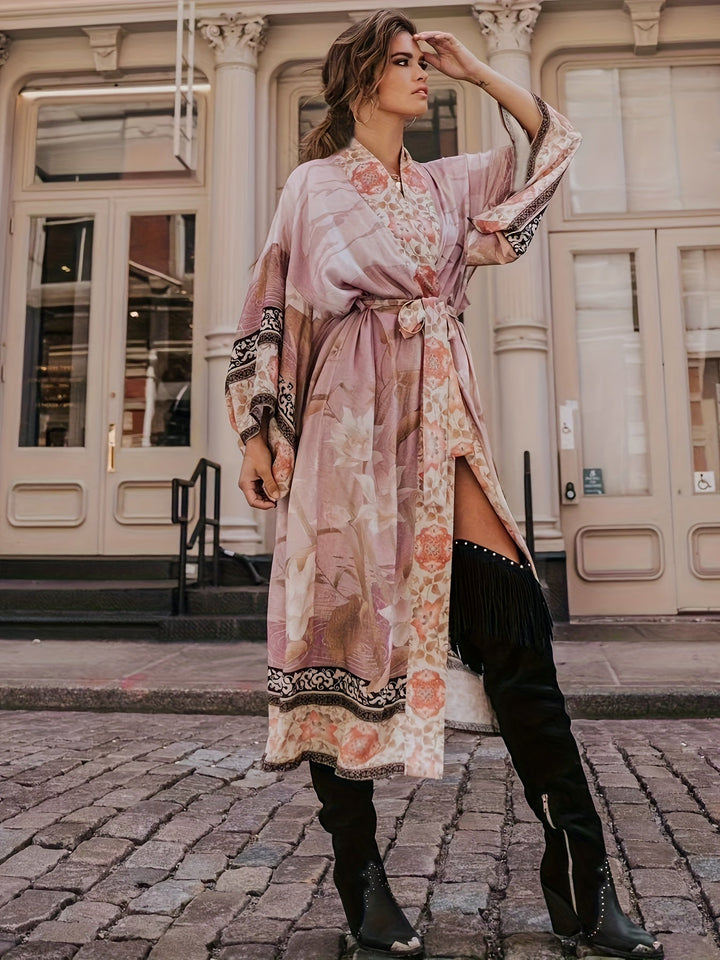 Vardagslyx kimono för dam, blommigt mönster på lätt, bekvämt material, perfekt för sommaren.
