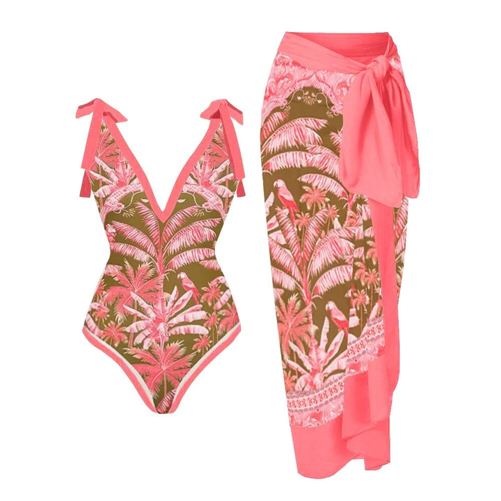 Färgglad blommig bikini med push-up effekt och söta volanger. Kvinnors sommar badmode med låg midja.