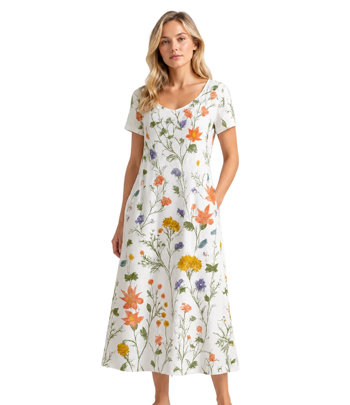 Blommig sommarklänning för dam med korta ärmar, ledig passform & färgstarkt mönster. Perfekt för sommarstil.