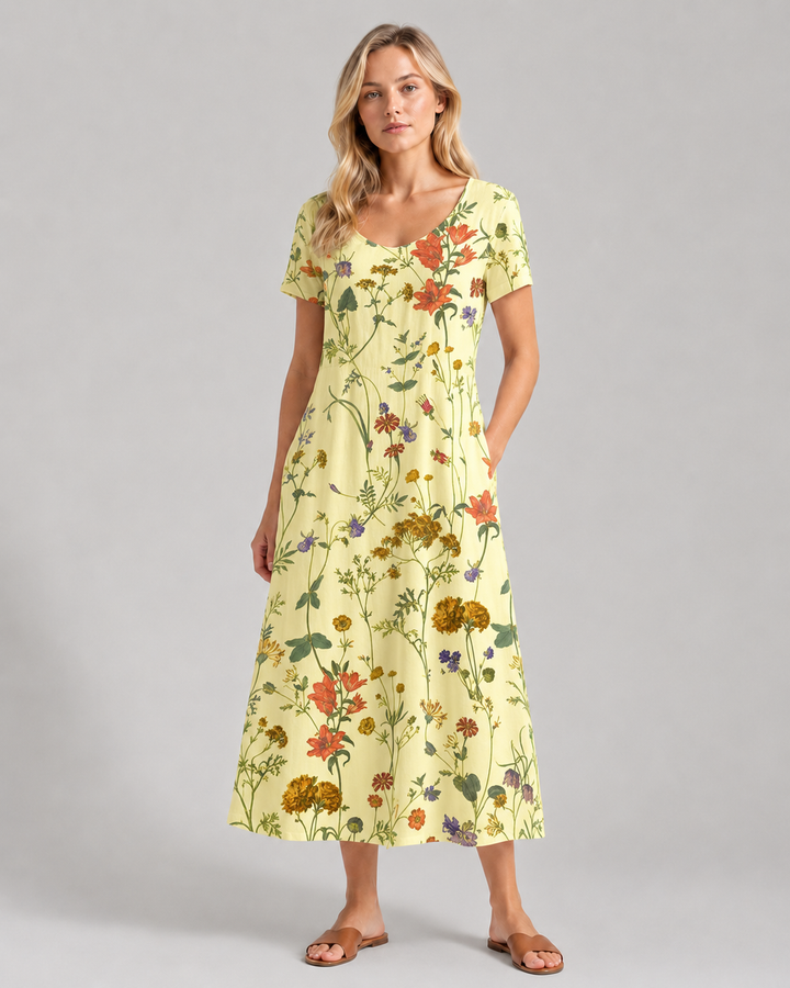 Elegant blommig damklänning med korta ärmar & bekväm ledig passform. Mångsidig sommarklänning.