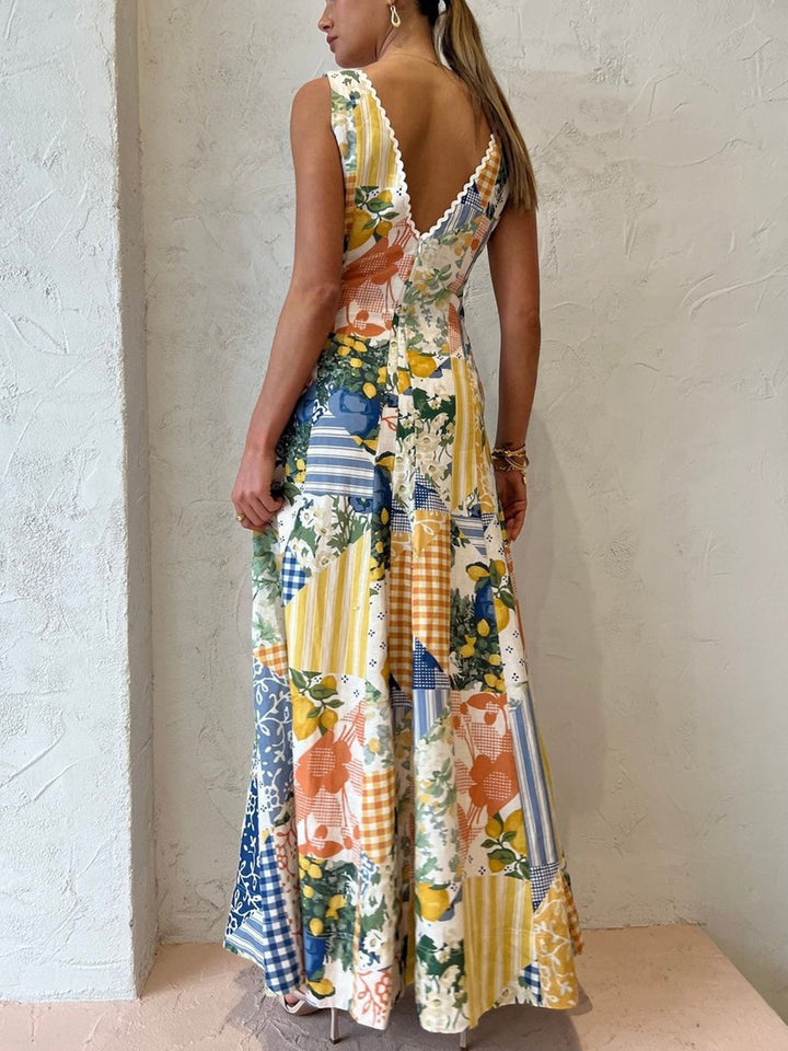 Elegant v-ringad patchwork maxiklänning för dam, i bohemisk stil. Mjuk bomull passar både fest och vardag.